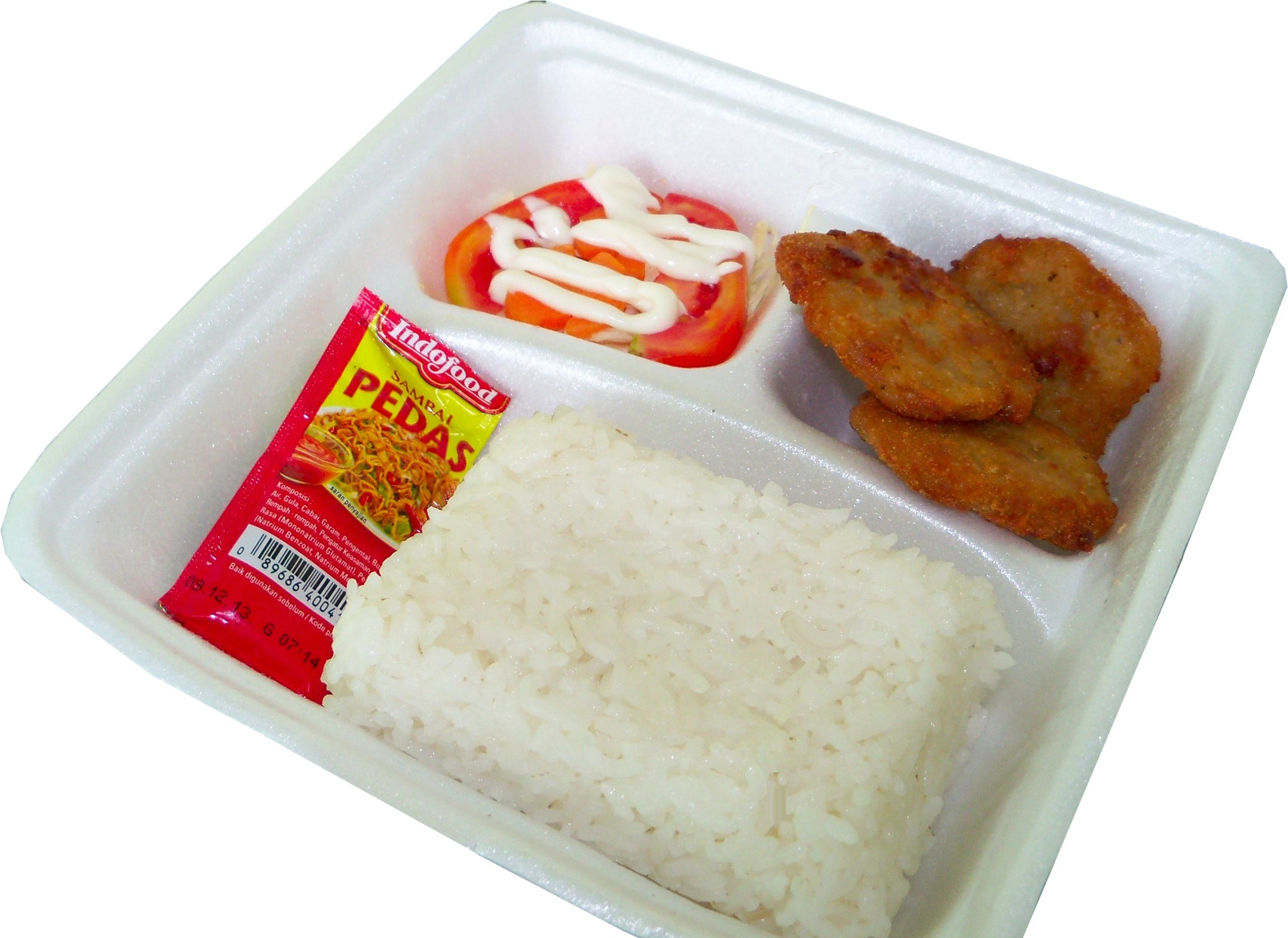 plain rice deep fry meat and ketchup packet