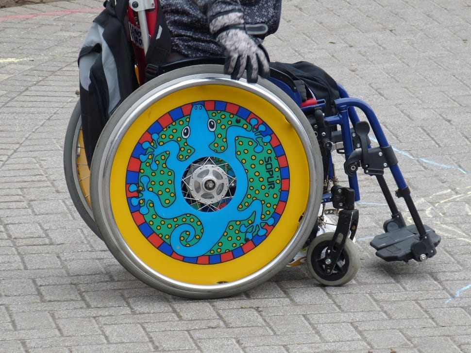 gray yellow and blue wheelchair preview