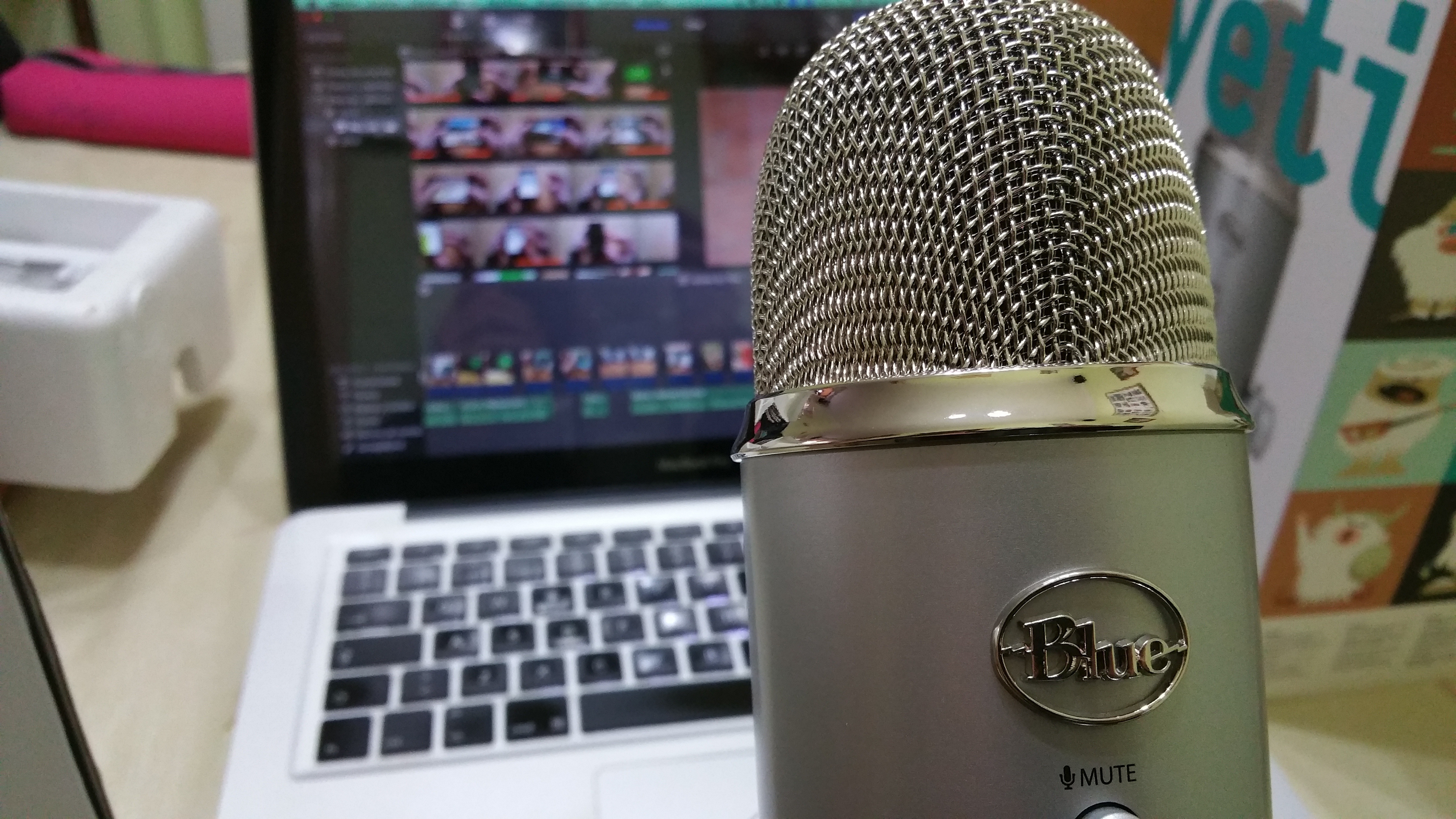 grey blue condenser microphone and macbook pro