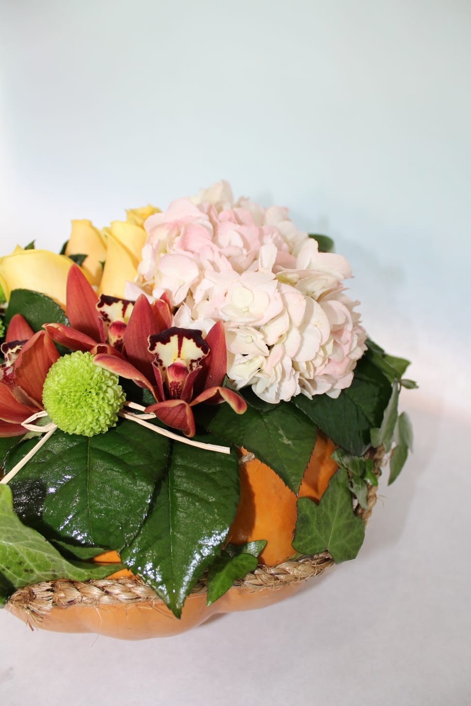 white hydrangeas and red orchids and green chrysanthemums preview