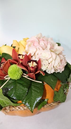 white hydrangeas and red orchids and green chrysanthemums thumbnail