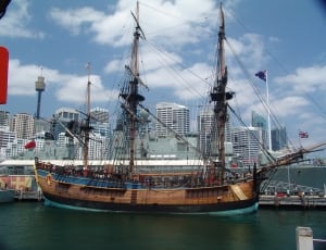 brown pirate ship on body of water during daytime thumbnail