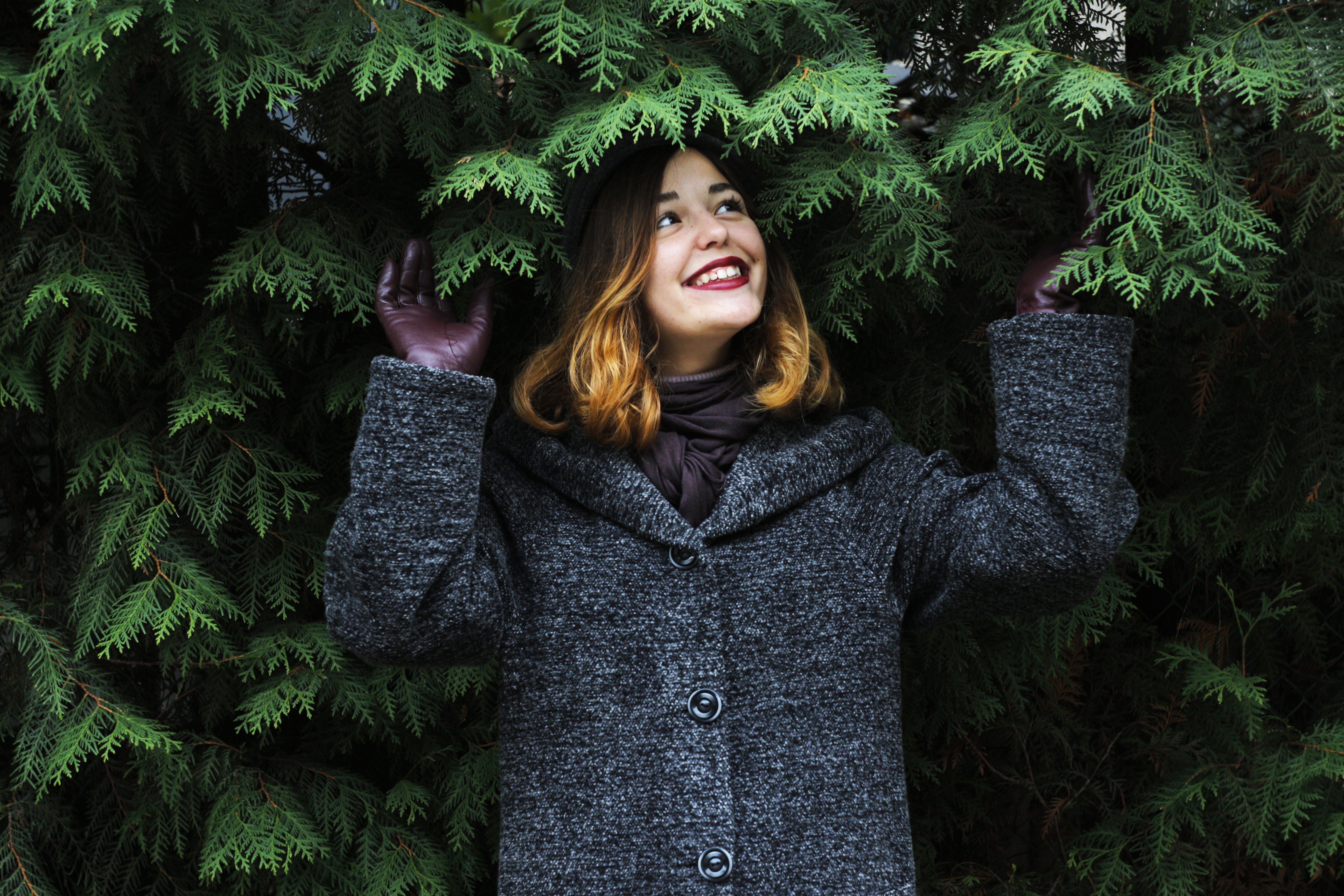 woman wearing gray and black button up coat under green leaf trees