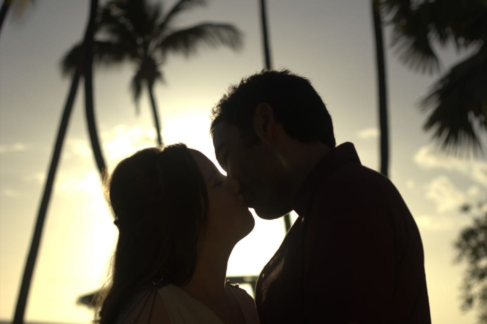 Silhouette photography of couple during golden hour with coconut trees background preview