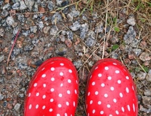 red and white polka dot rain boots thumbnail