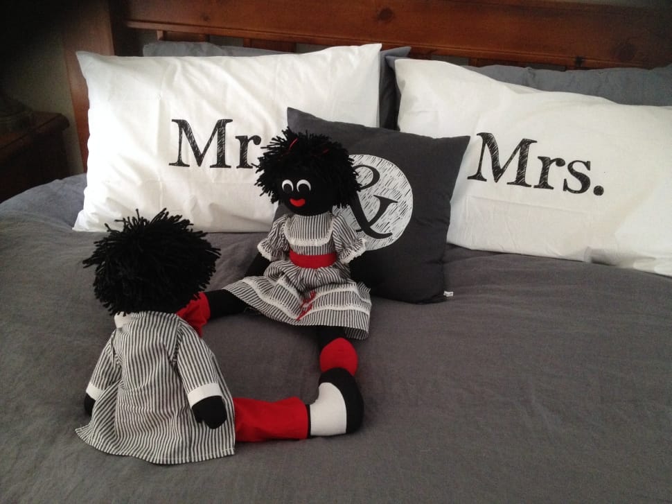 2 black and red plush toy and mr and mrs pillows preview