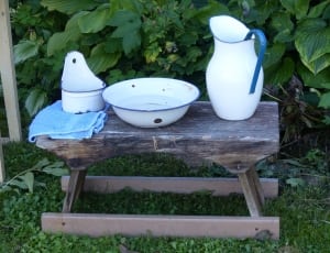 3 white and blue ceramic pitcher and bowls thumbnail