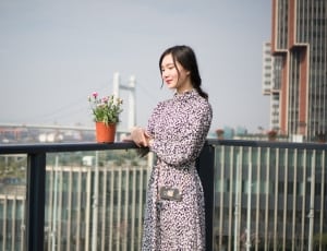 women's white and black floral long sleeve dress thumbnail