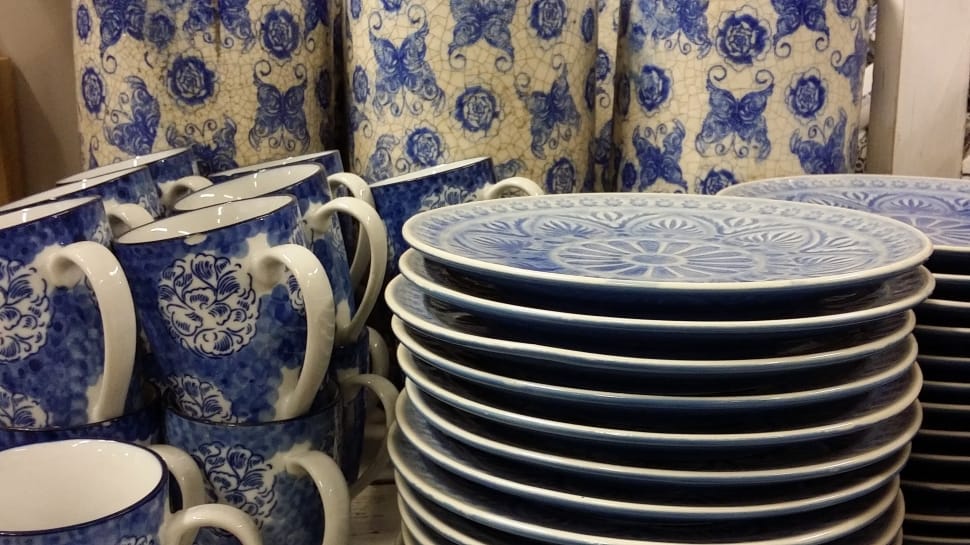 white and blue ceramic plate and bowl lot preview