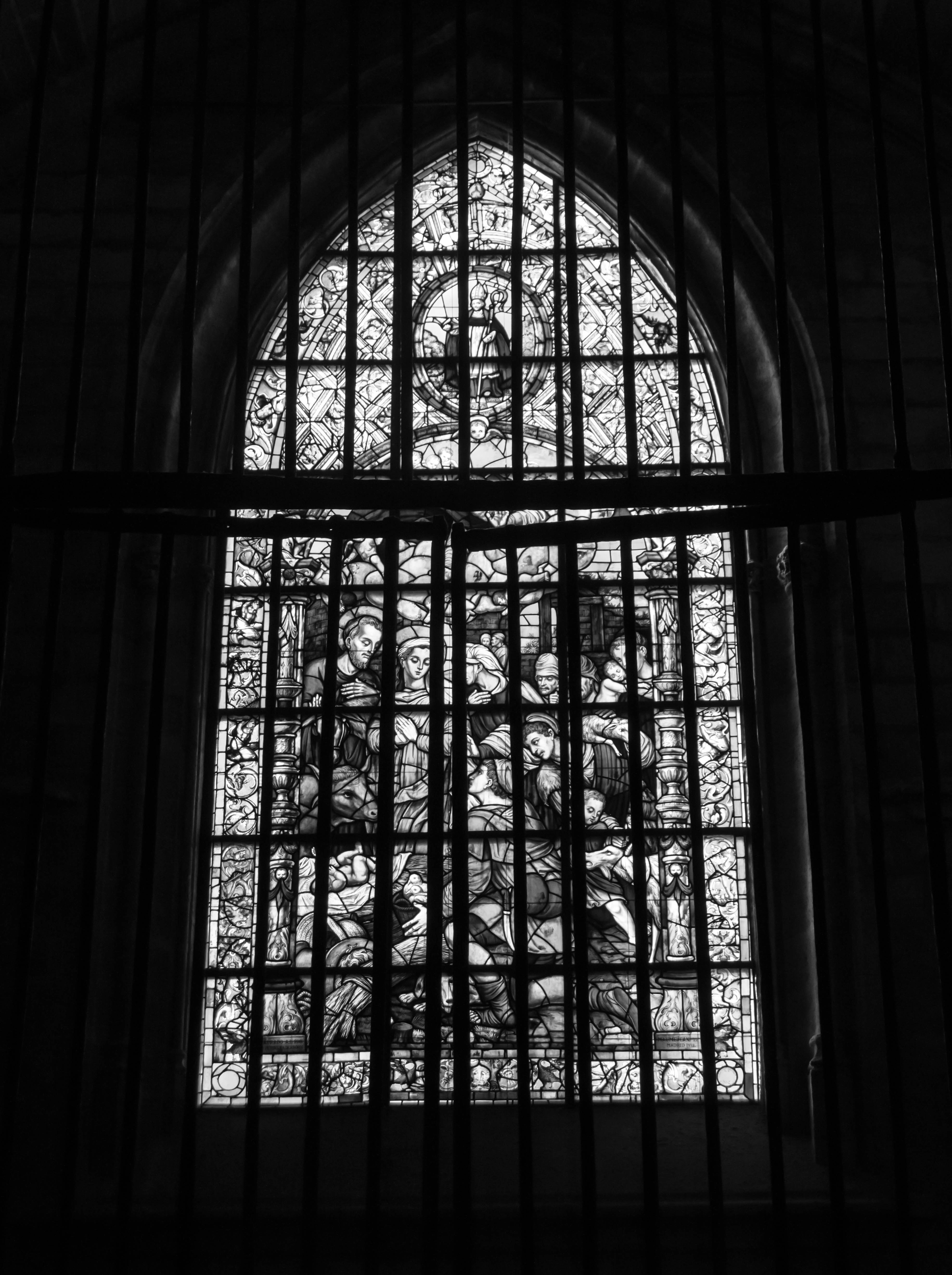 gray and white stained glass window