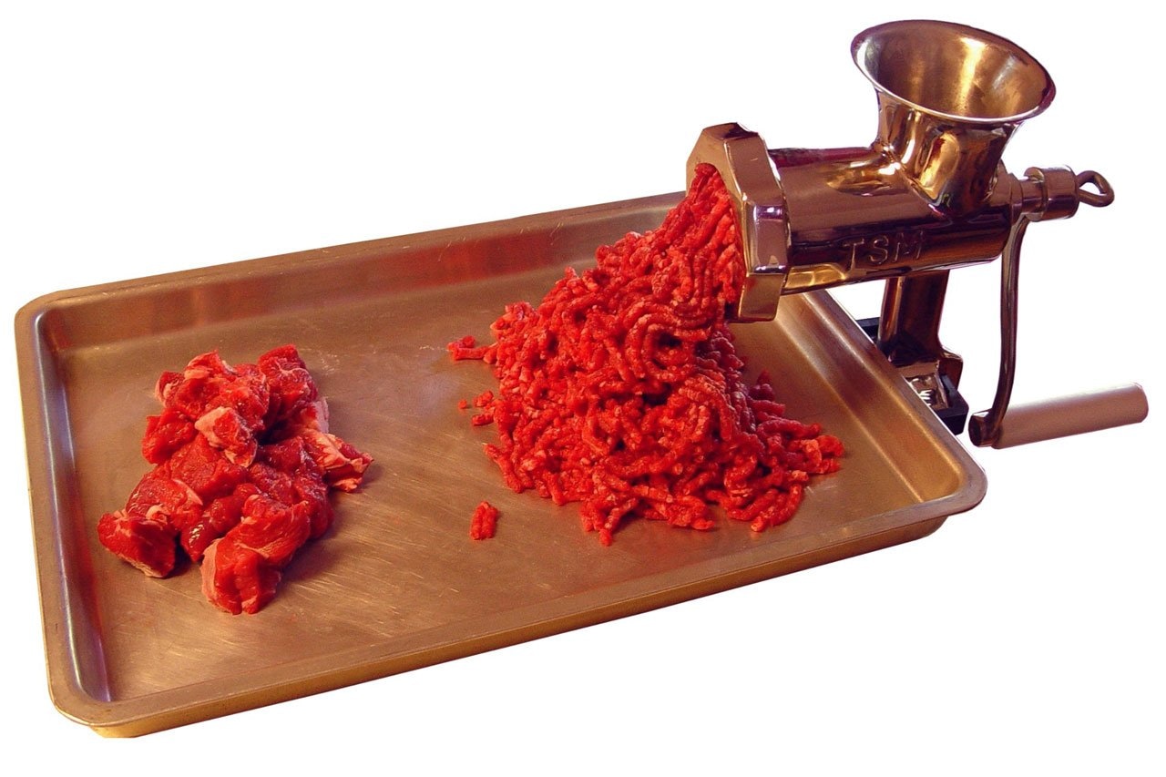 brown meat grinder and tray set
