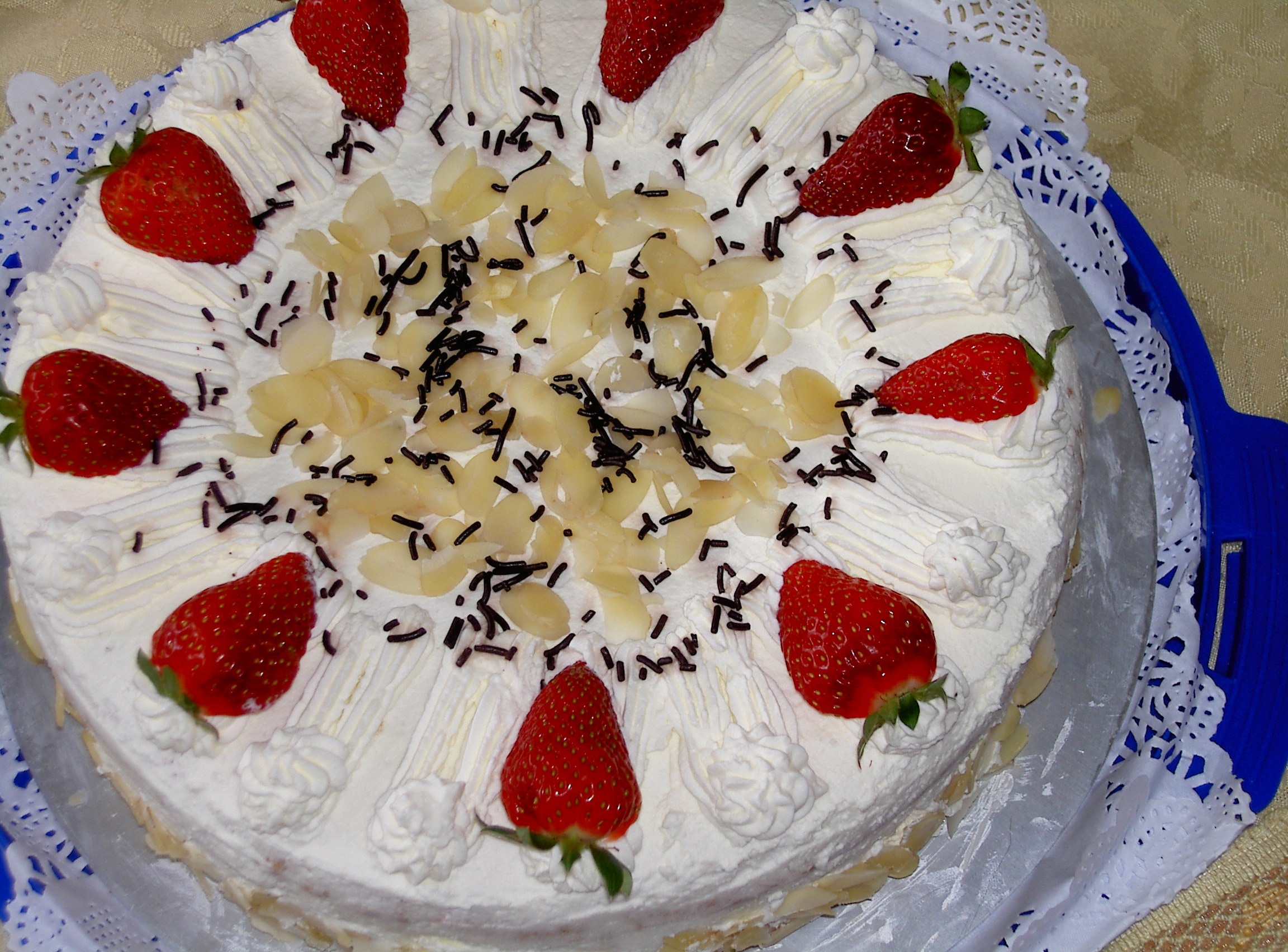 white and red frosted cake