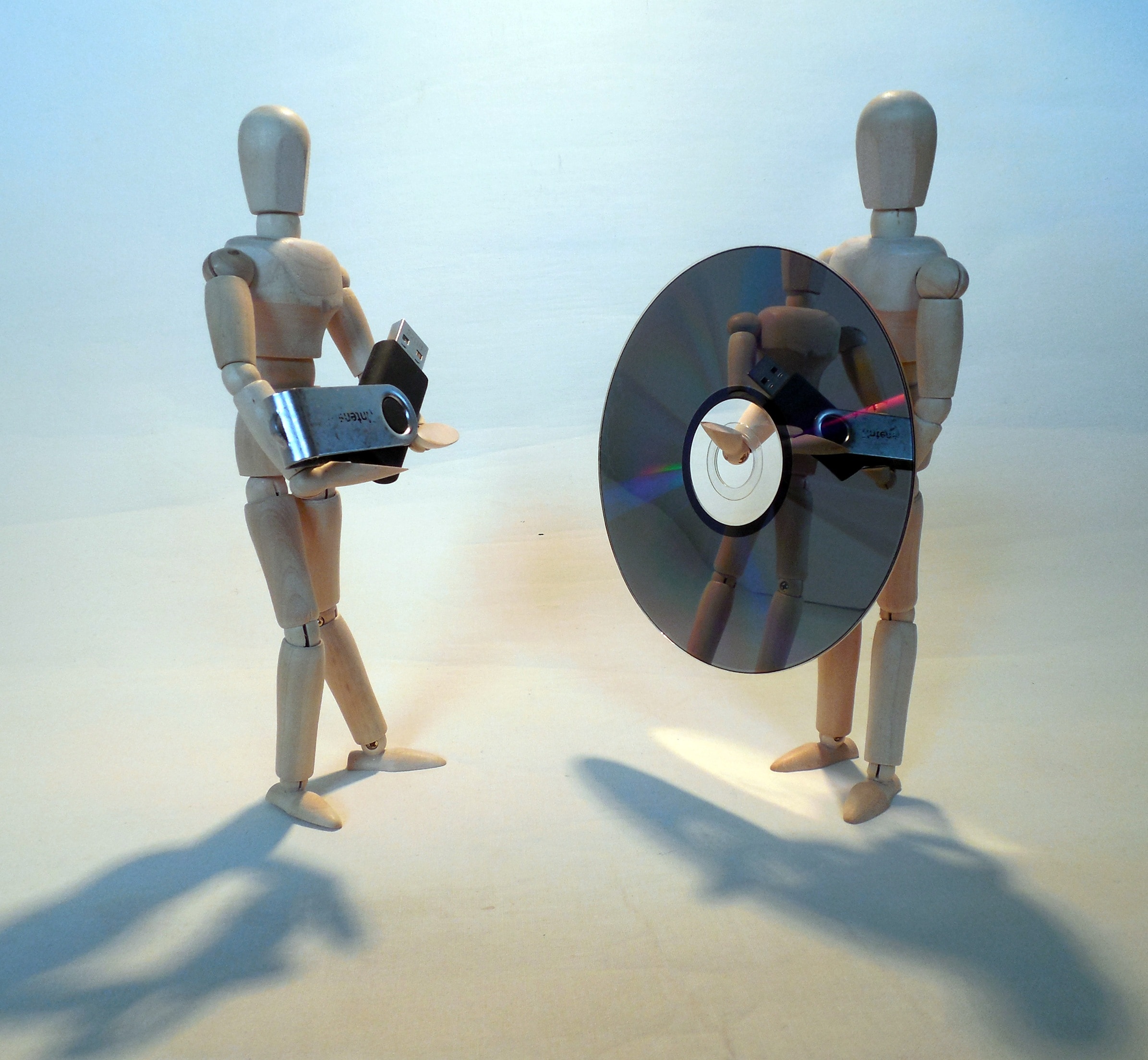 brown wooden mannequins with disc and flashdrive