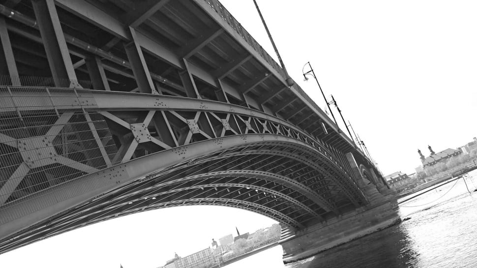 gray scale photo of metal bridge preview