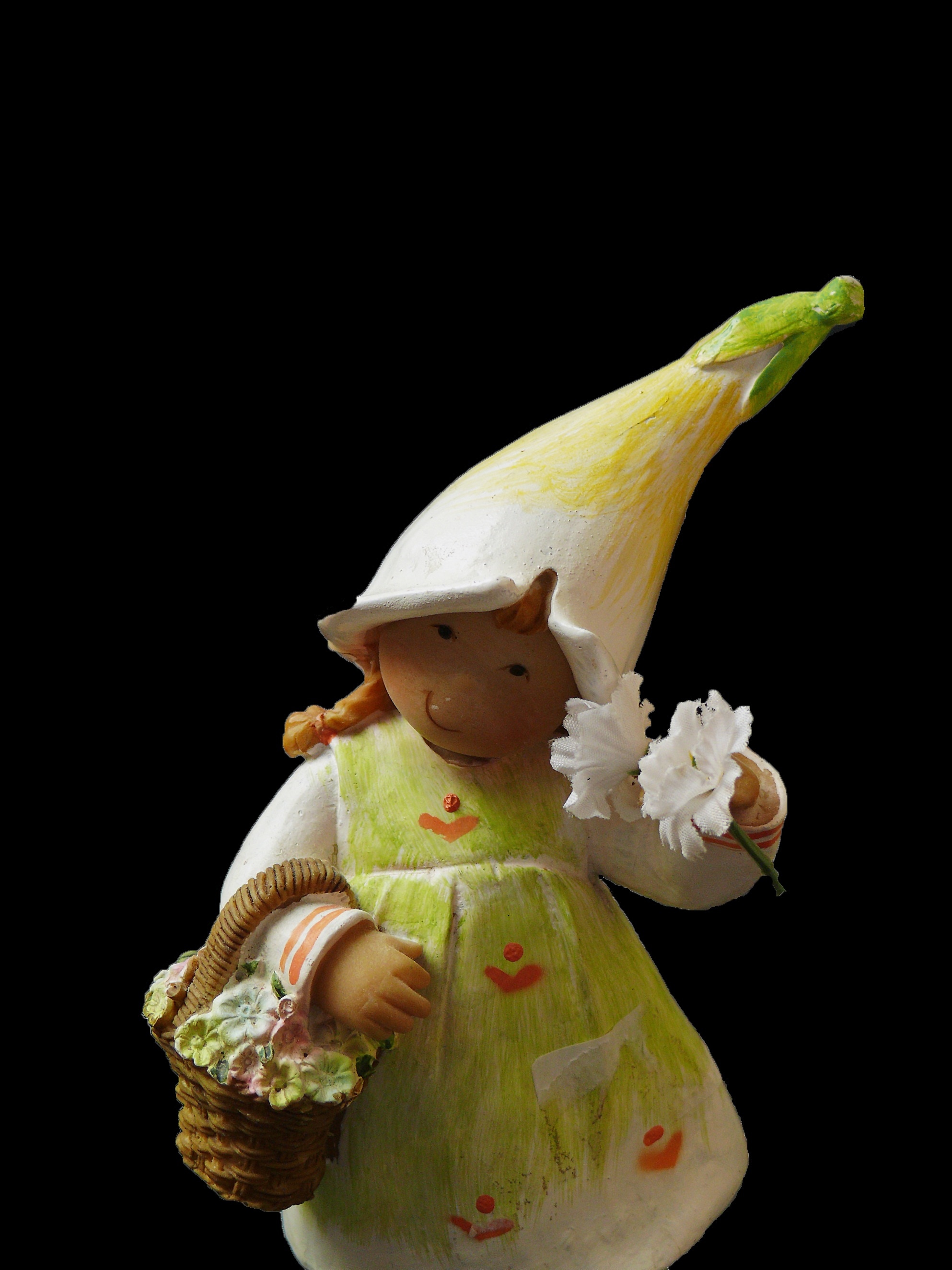 brown haired girl wearing yellow white and green hat figurine