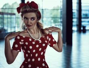 women's red and white off shoulder polka dot dress thumbnail