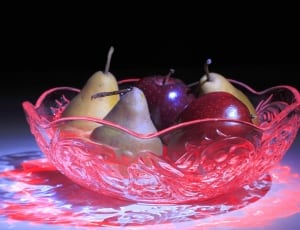 red clear floral embossed cut glass scallop edge fruit bowl thumbnail