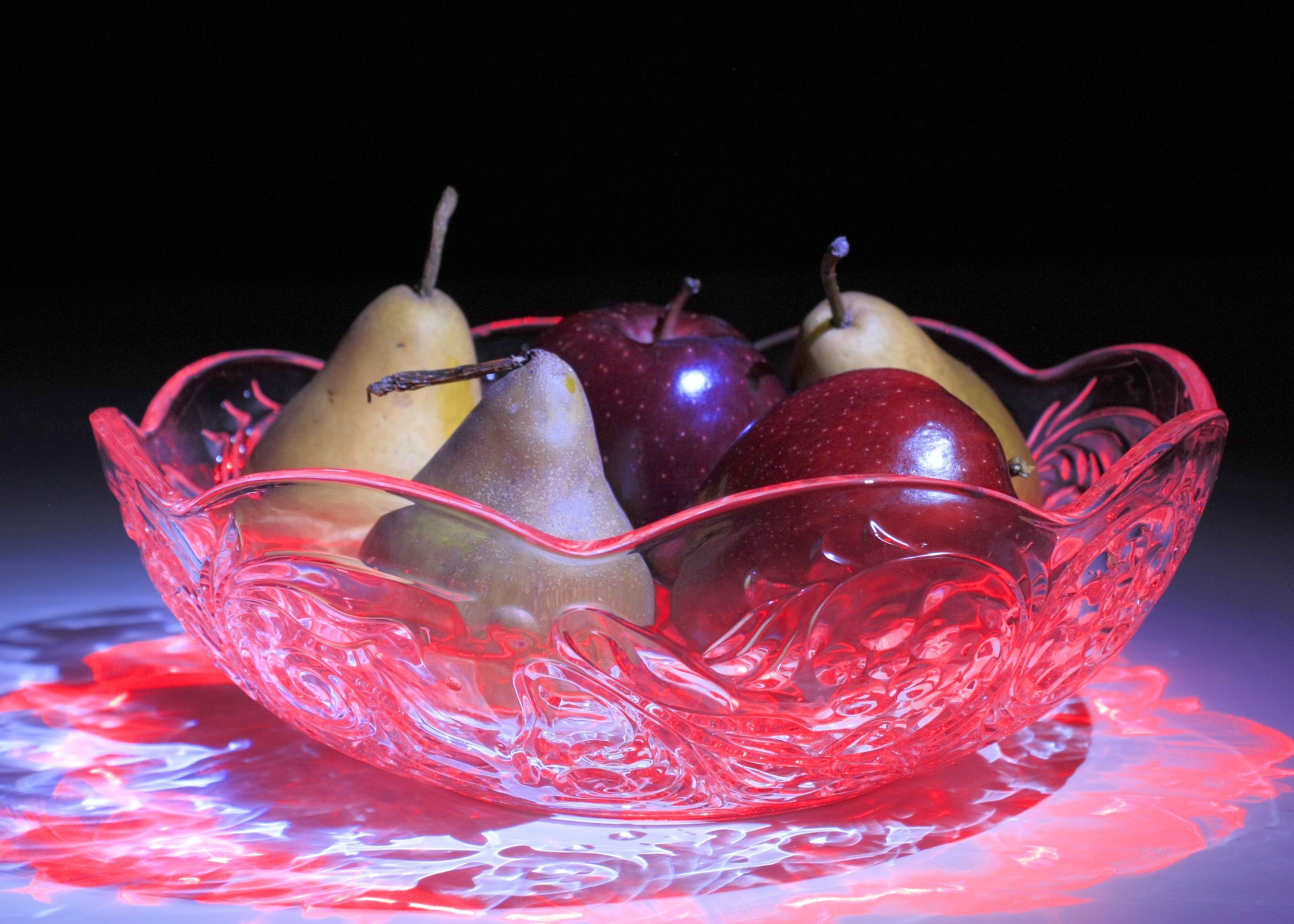 red clear floral embossed cut glass scallop edge fruit bowl