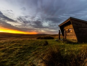 man standing brown wooden shed under white sky thumbnail