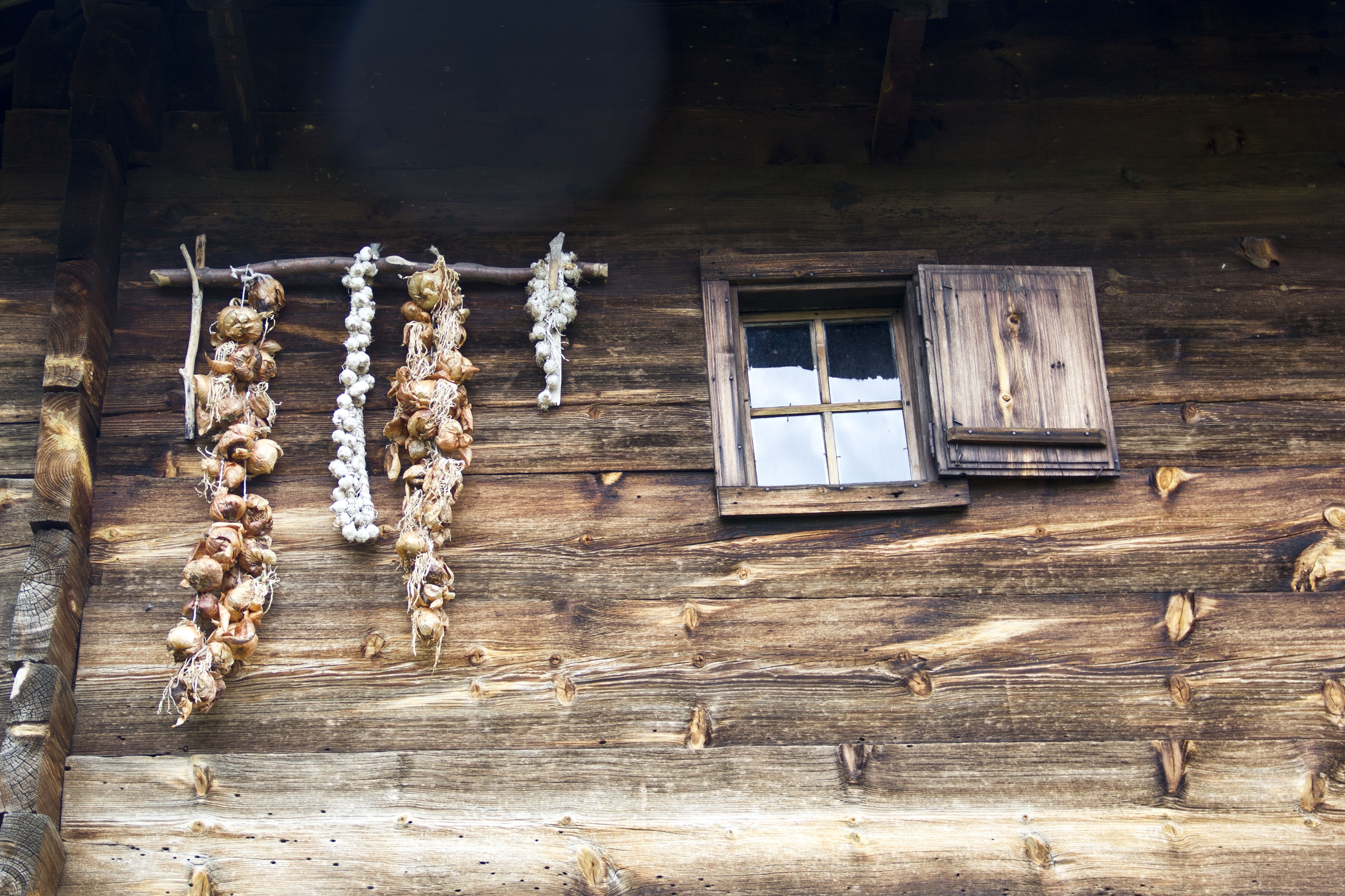 garlic strands and brown wood window