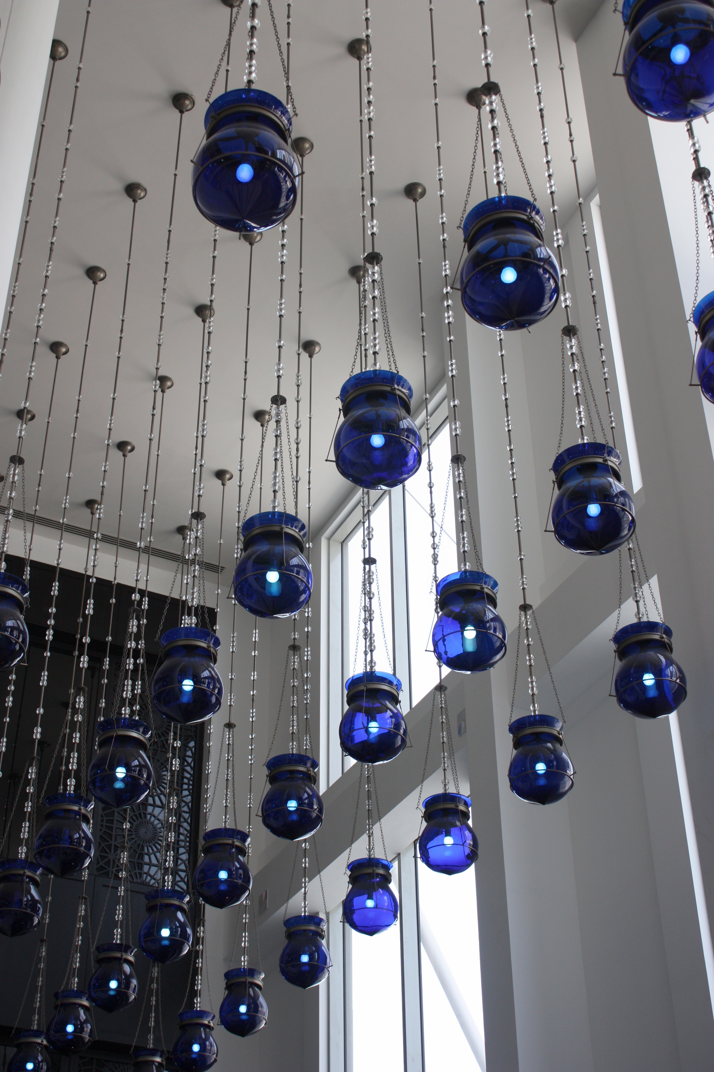 blue drop ceiling lamps turned on