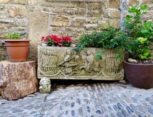beige concrete carving between to brown flower pots thumbnail