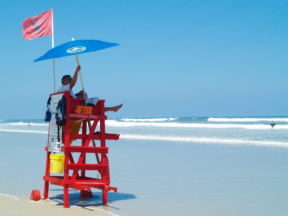 lifeguard umbrella and wooden stand preview