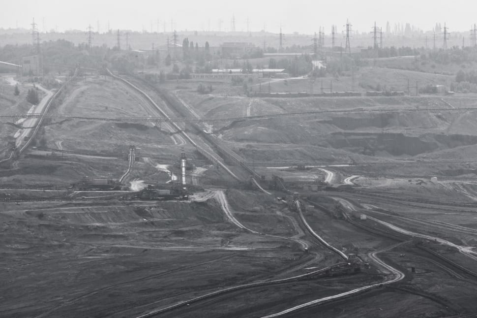 grayscale photograph of industrial lands preview