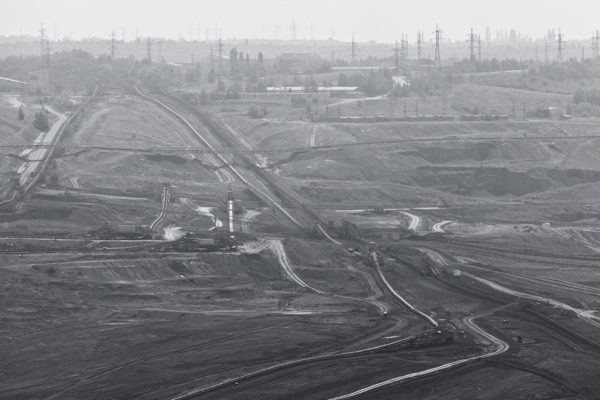 grayscale photograph of industrial lands