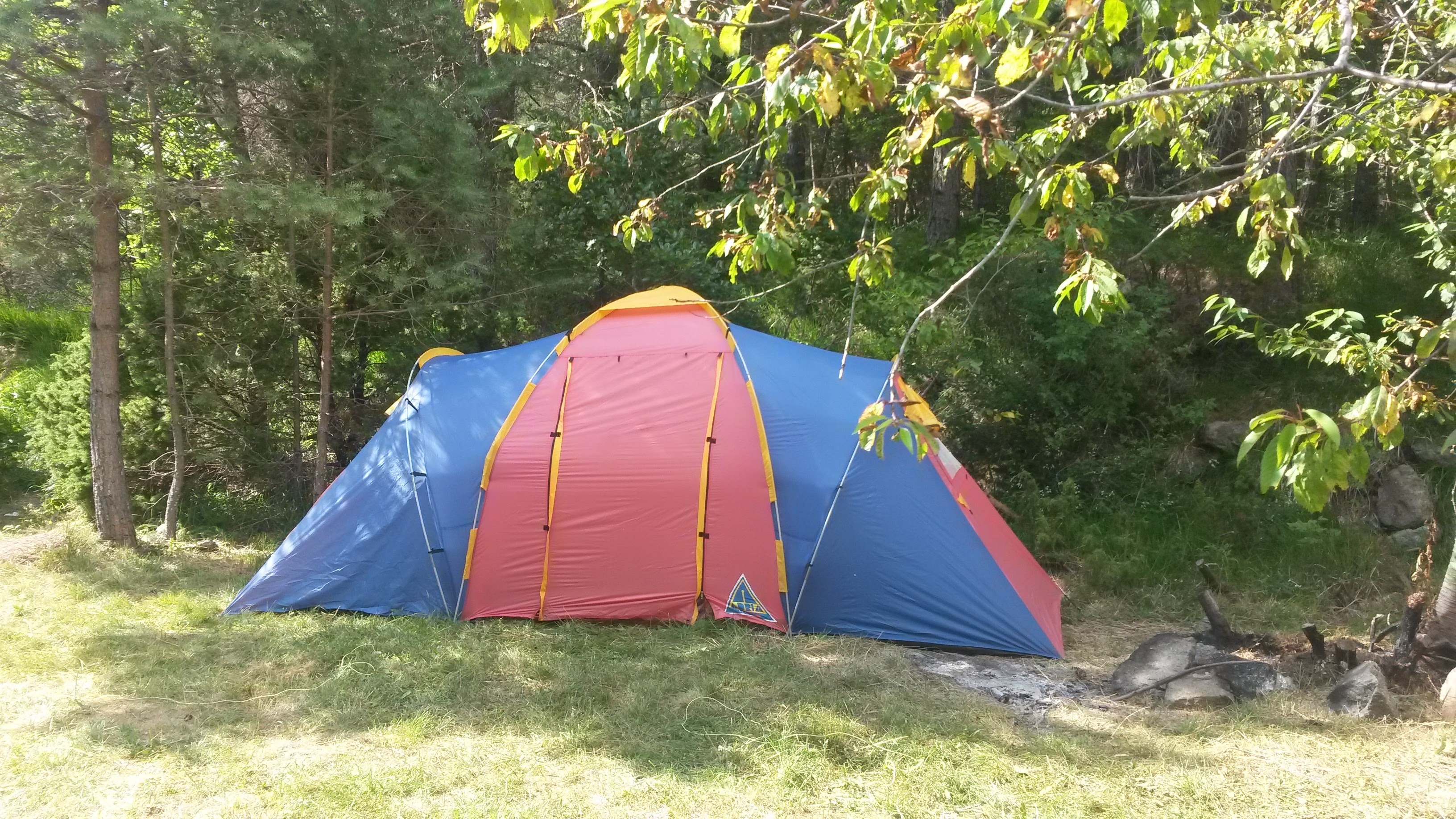 red and blue cabin tent