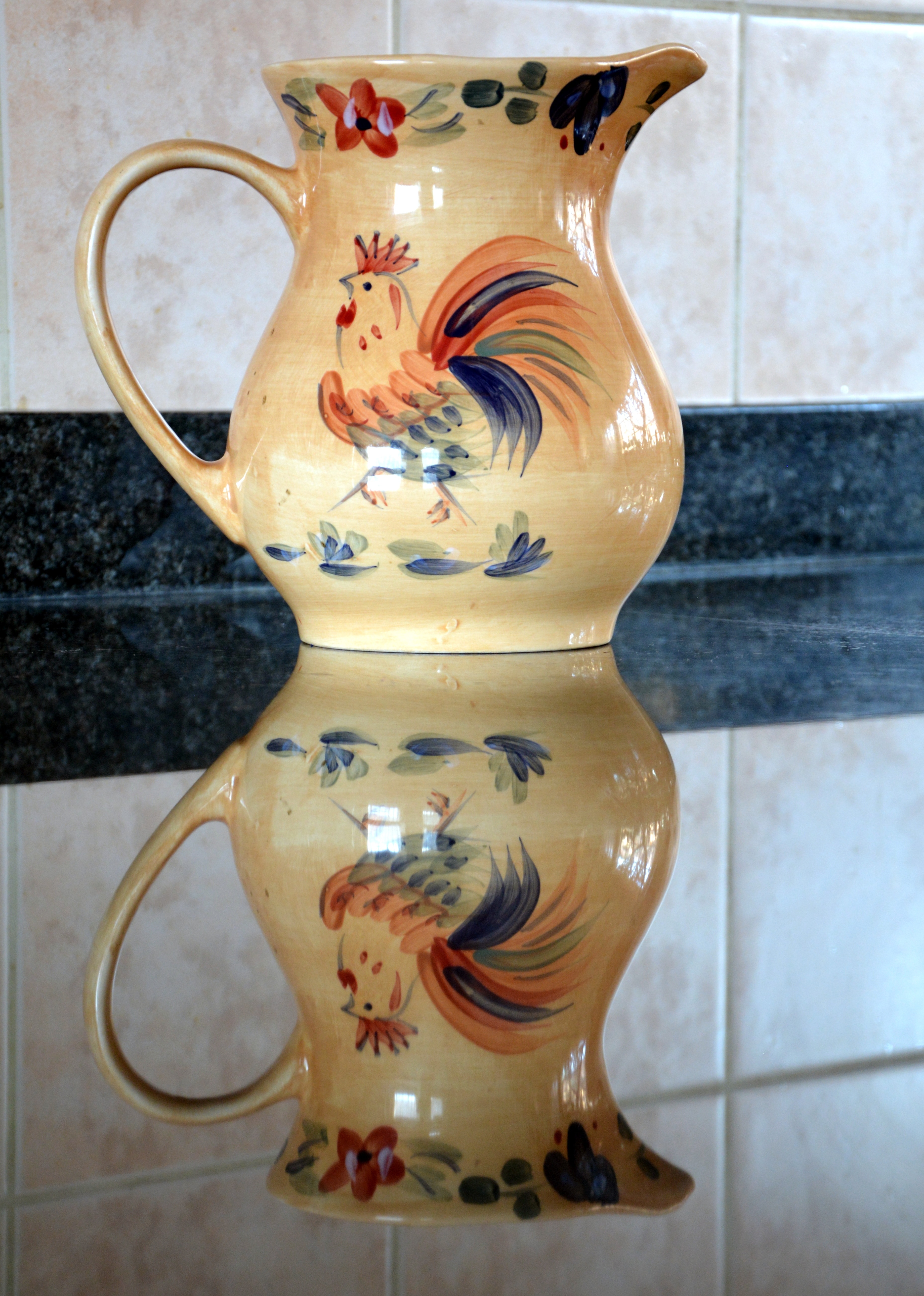 yelloe rooster print ceramic pitcher