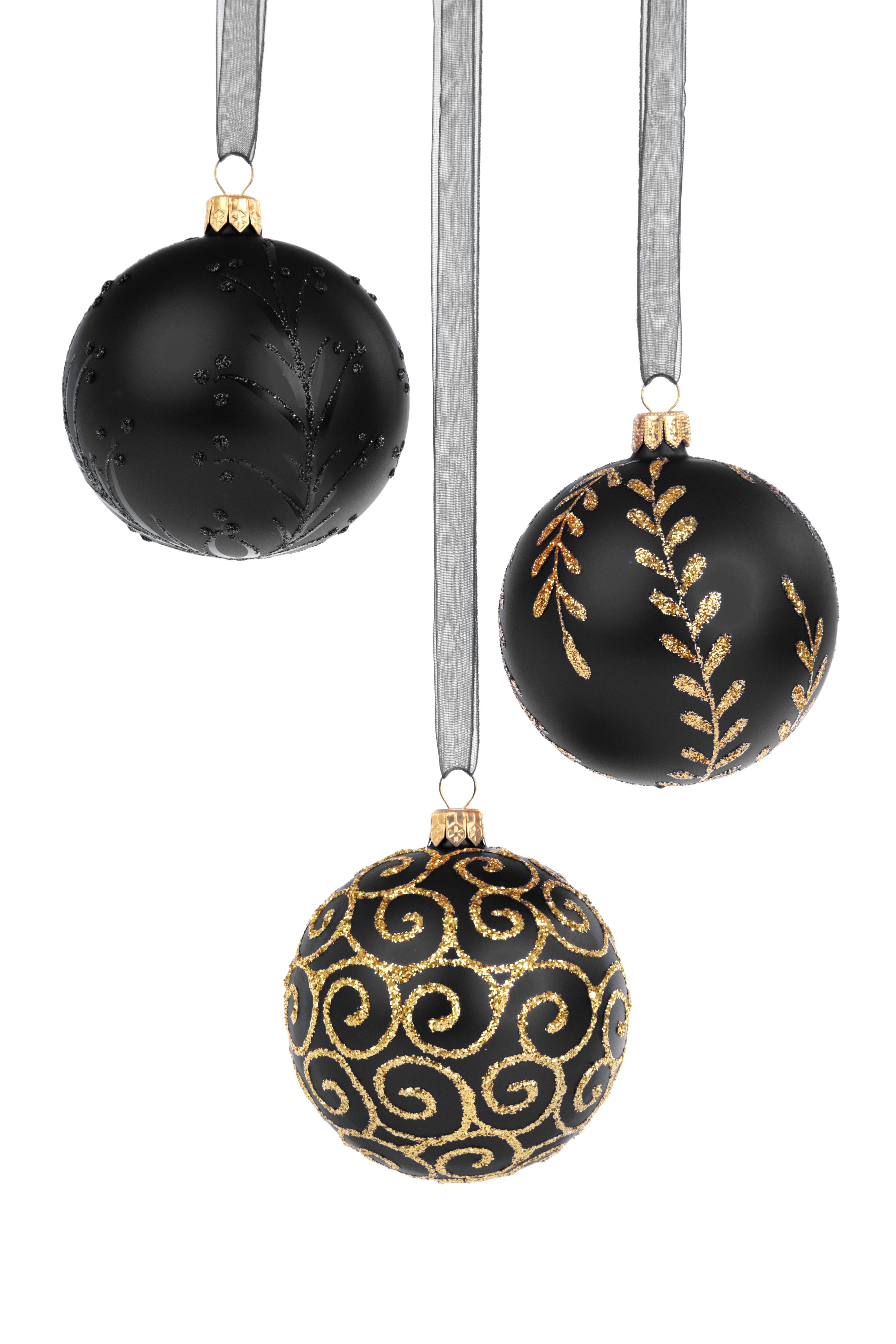 3 black and gold baubles