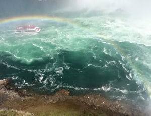 green body of water with rainbow during daytime thumbnail