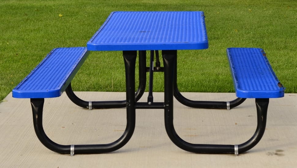 black steel framed blue picnic table preview