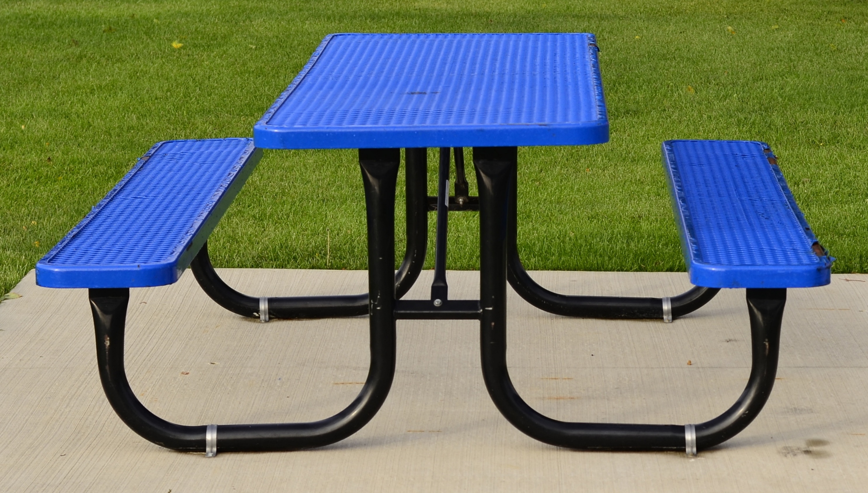 black steel framed blue picnic table