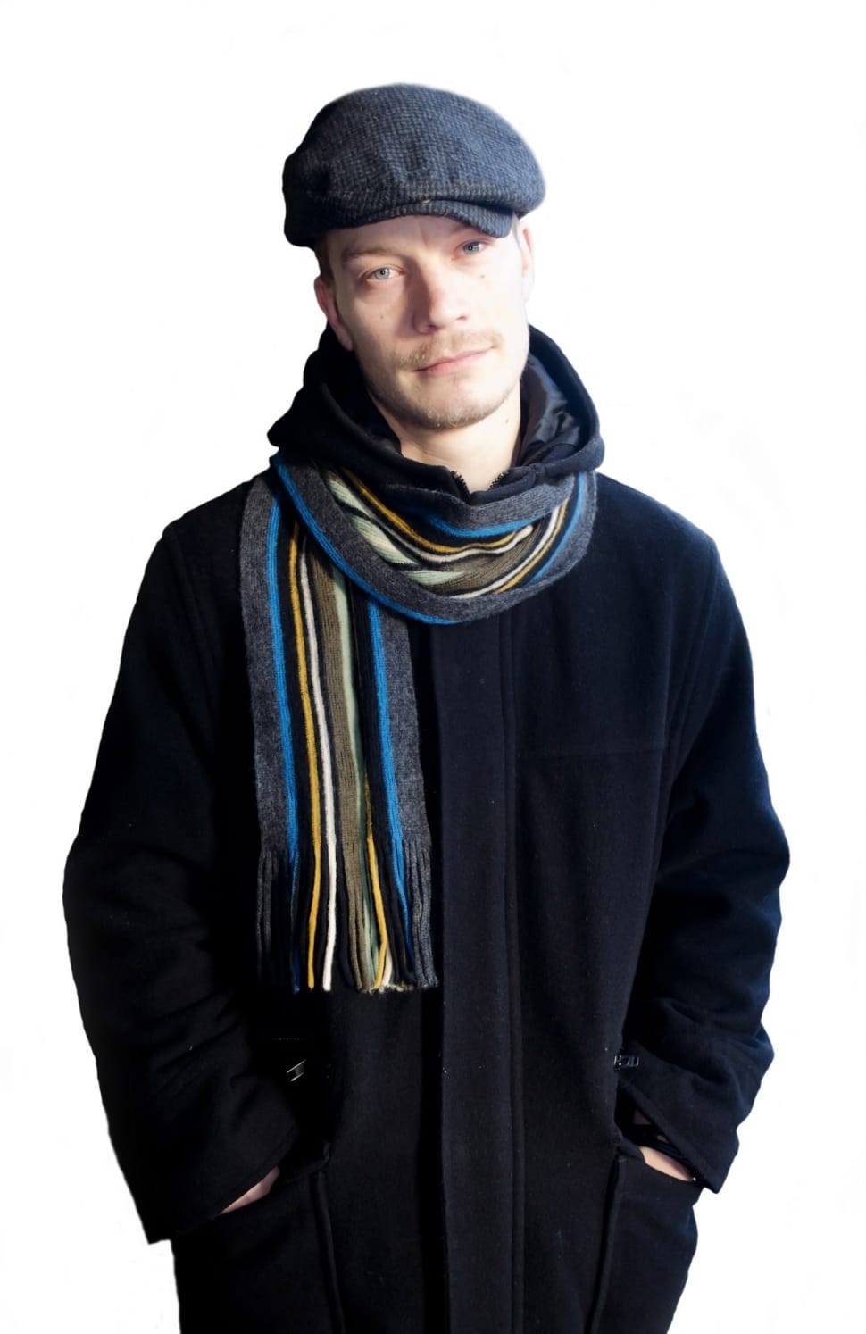 men;s black top coat; blue-gray-yellow knit scarf outfit preview