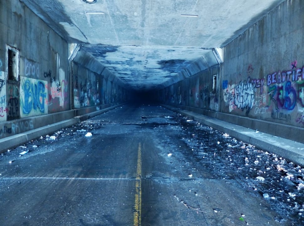 one point perspective photography of tunnel with graffiti preview