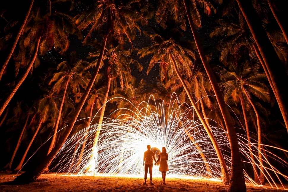 couple standing on the middle of forest with steel wool sparks ...