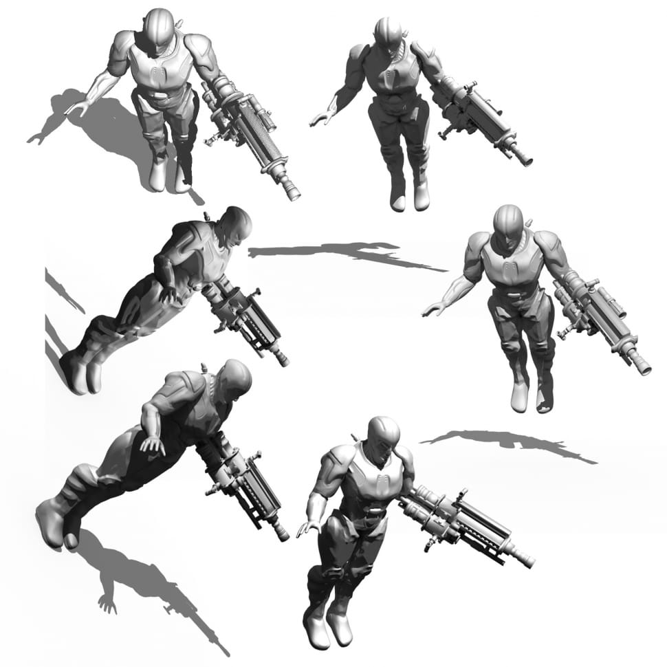 six robot holding gun 3D sketch preview