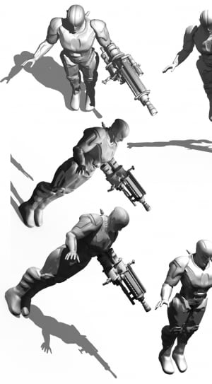 six robot holding gun 3D sketch thumbnail