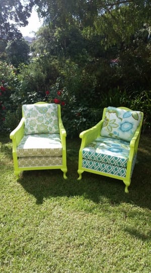 green white and blue floral padded armchair thumbnail