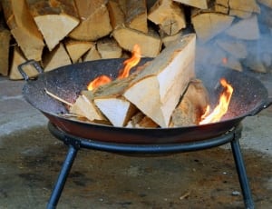 wood logs on fire in black wok thumbnail
