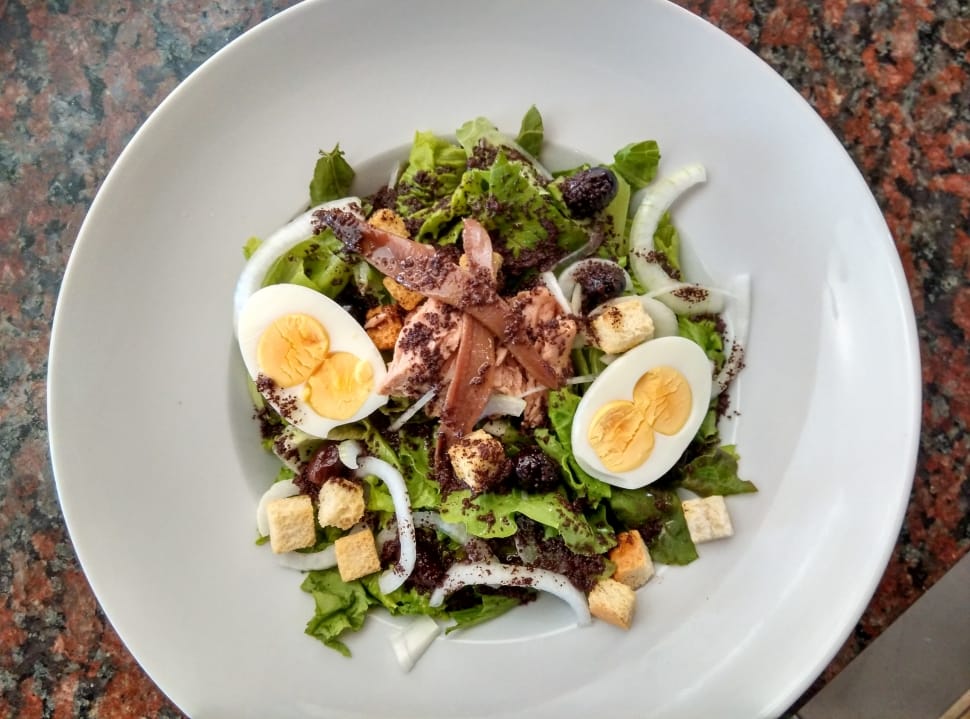 boiled egg, lettuce, white onions meat with croutons salad preview