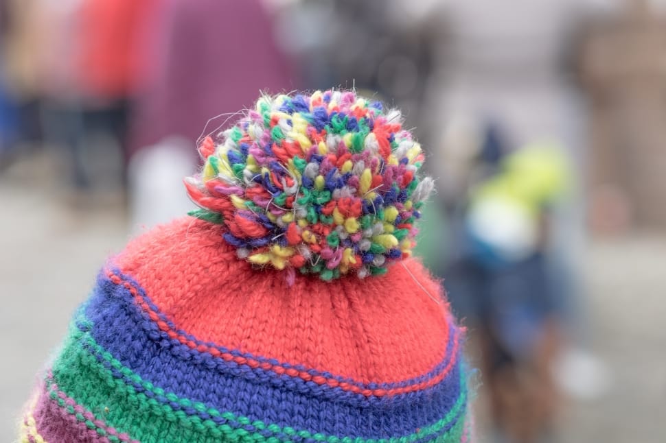 red blue and green pom pom hat preview
