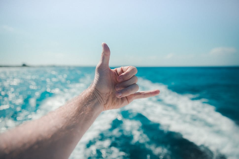 person making a hand sign near the sea during daytime preview