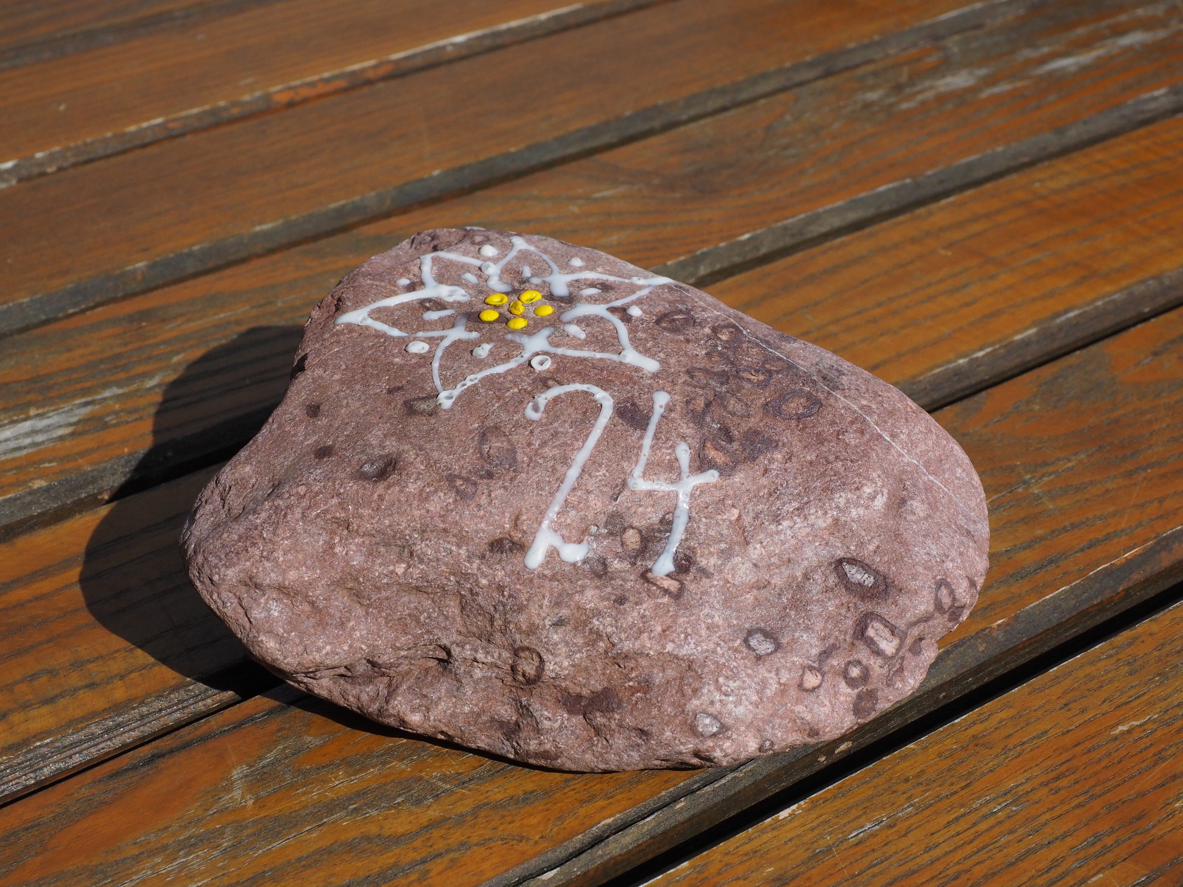 close capture of a brown stone with flower and number 24 painting