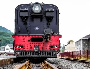 pink and black train on rail at daytime thumbnail