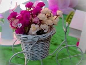 white and pink petaled flowers in wicker basket thumbnail