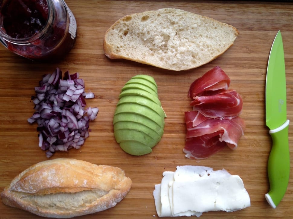 onion,raw meat,bread,knife and jam preview