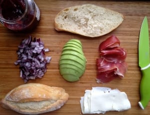 onion,raw meat,bread,knife and jam thumbnail